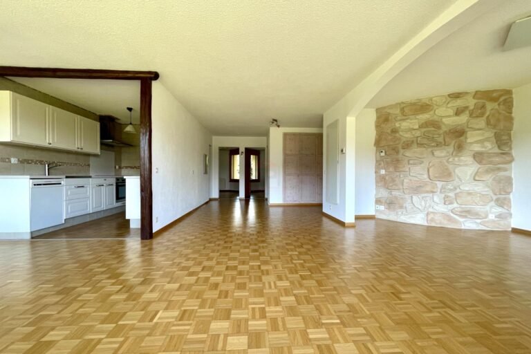 Offener Wohnbereich mit Küche und Steinwand