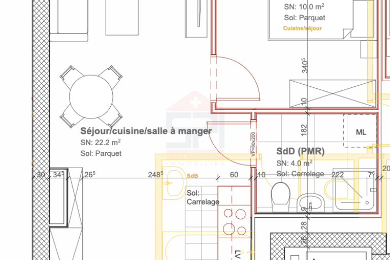 Grundriss mit Küche, Wohn- und Essbereich