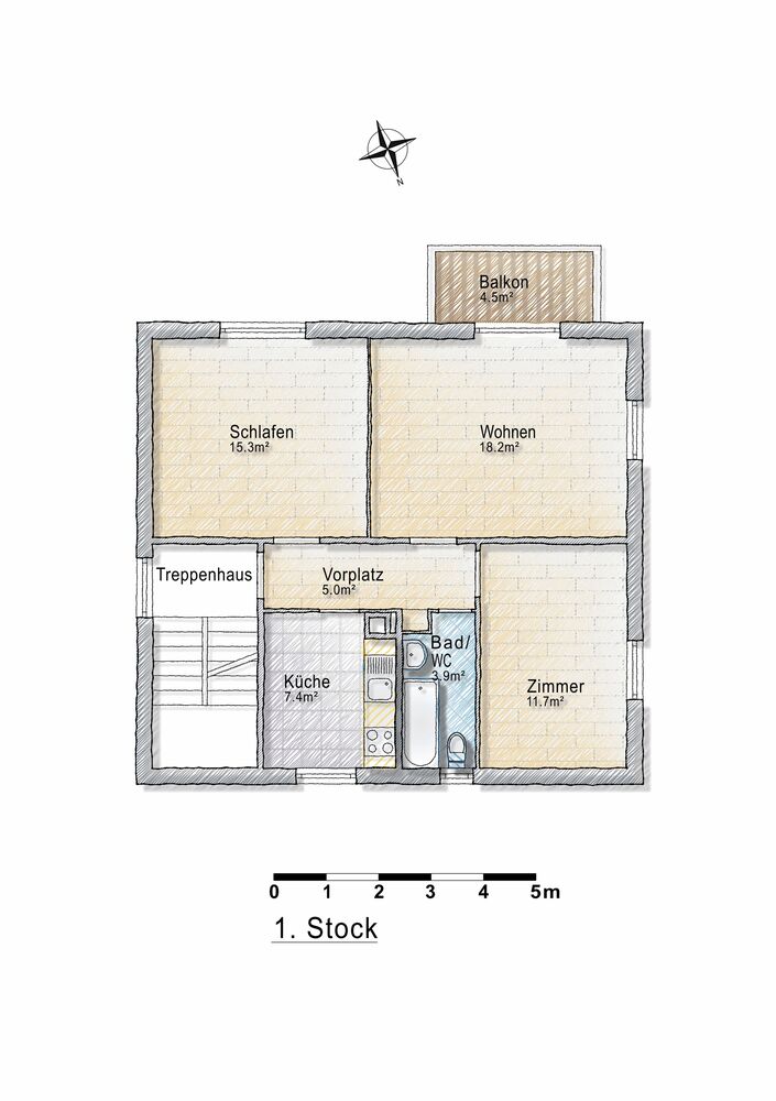Grundriss einer Wohnung im 1. Stock