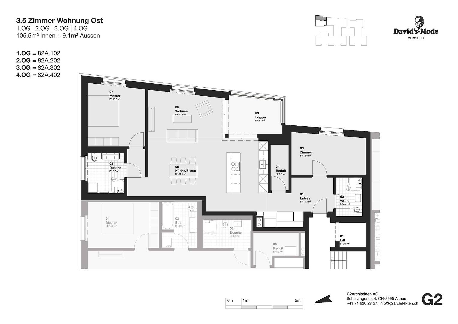 Grundriss einer 3,5-Zimmer-Wohnung Ost