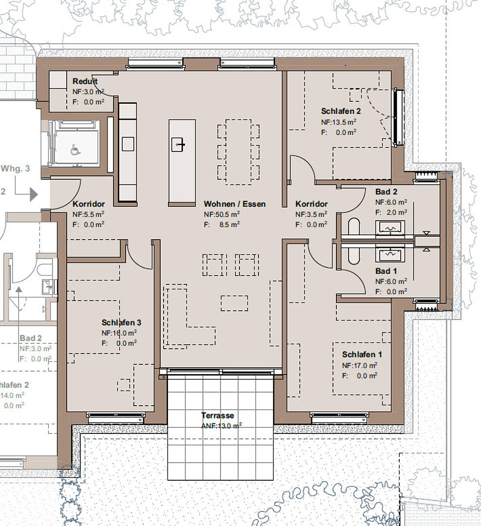 Unbekannter Grundriss mit Wohnung, Terrasse und mehreren Räumen