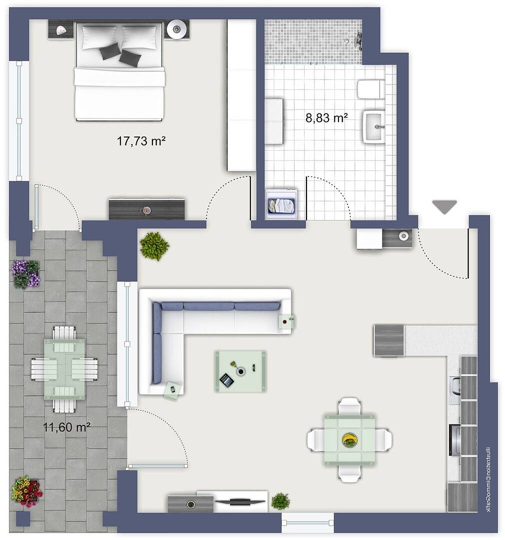 Grundriss einer Wohnung mit Schlafzimmer, Bad, Wohnbereich, Küche und Terrasse
