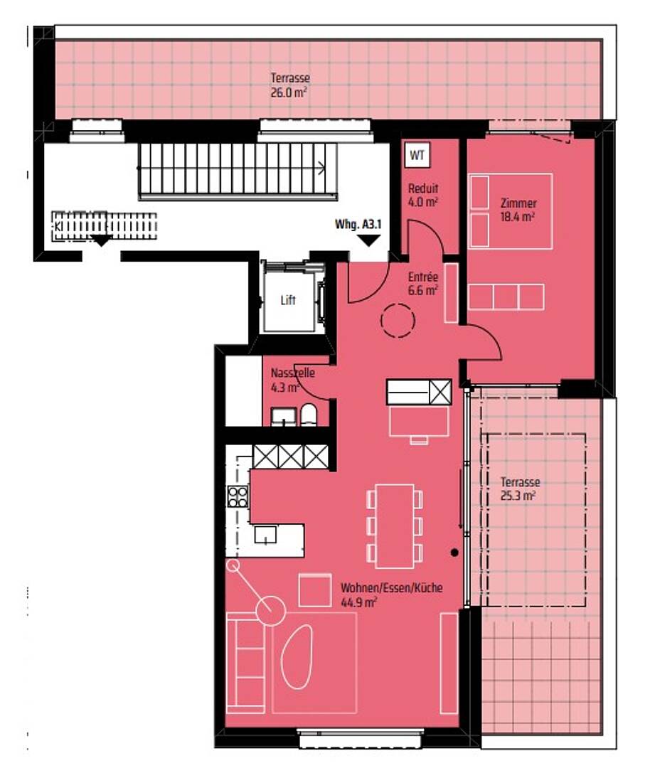 Grundriss einer Wohnung mit zwei Terrassen