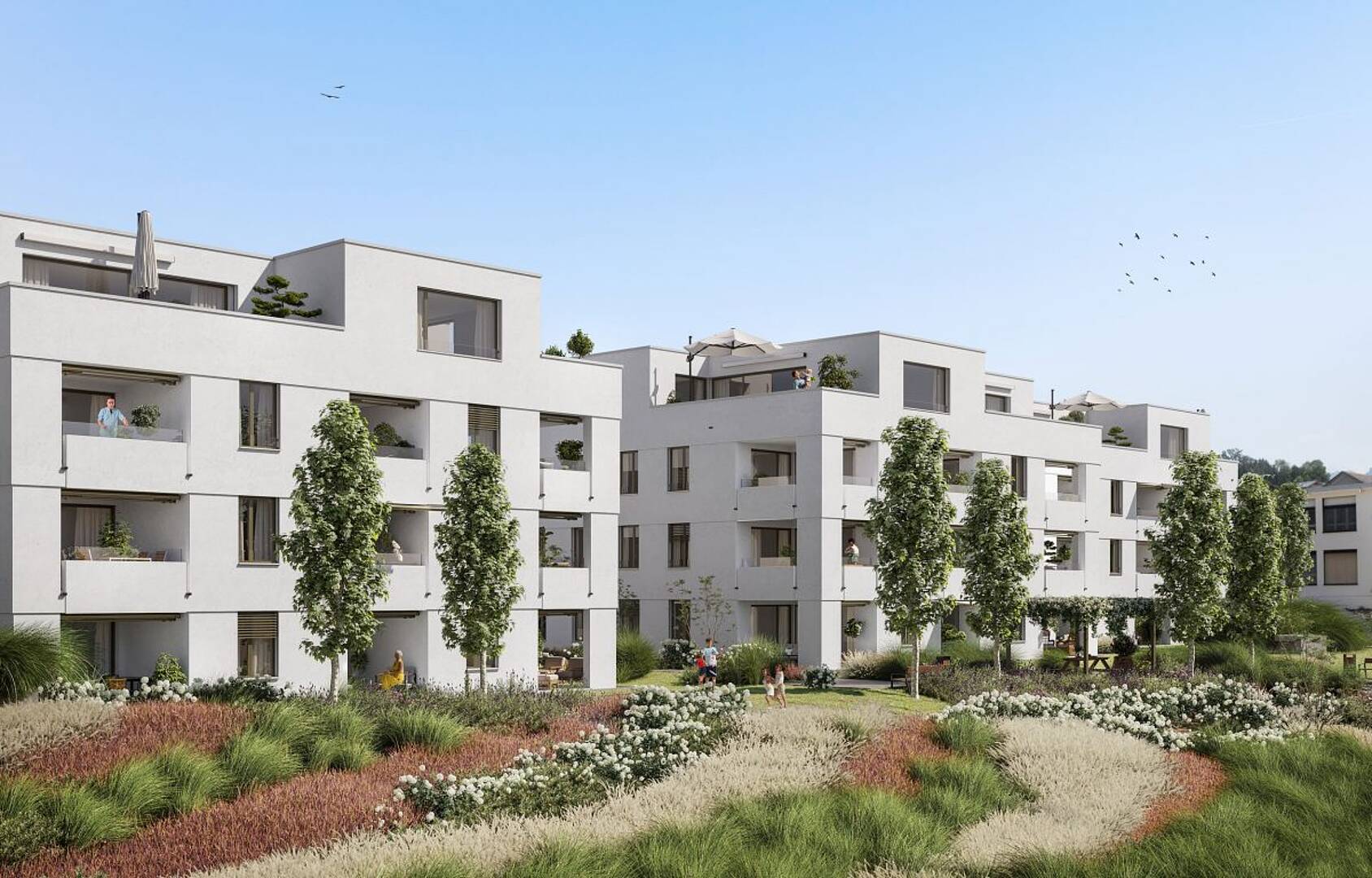 Moderne Wohnanlage mit begrüntem Innenhof