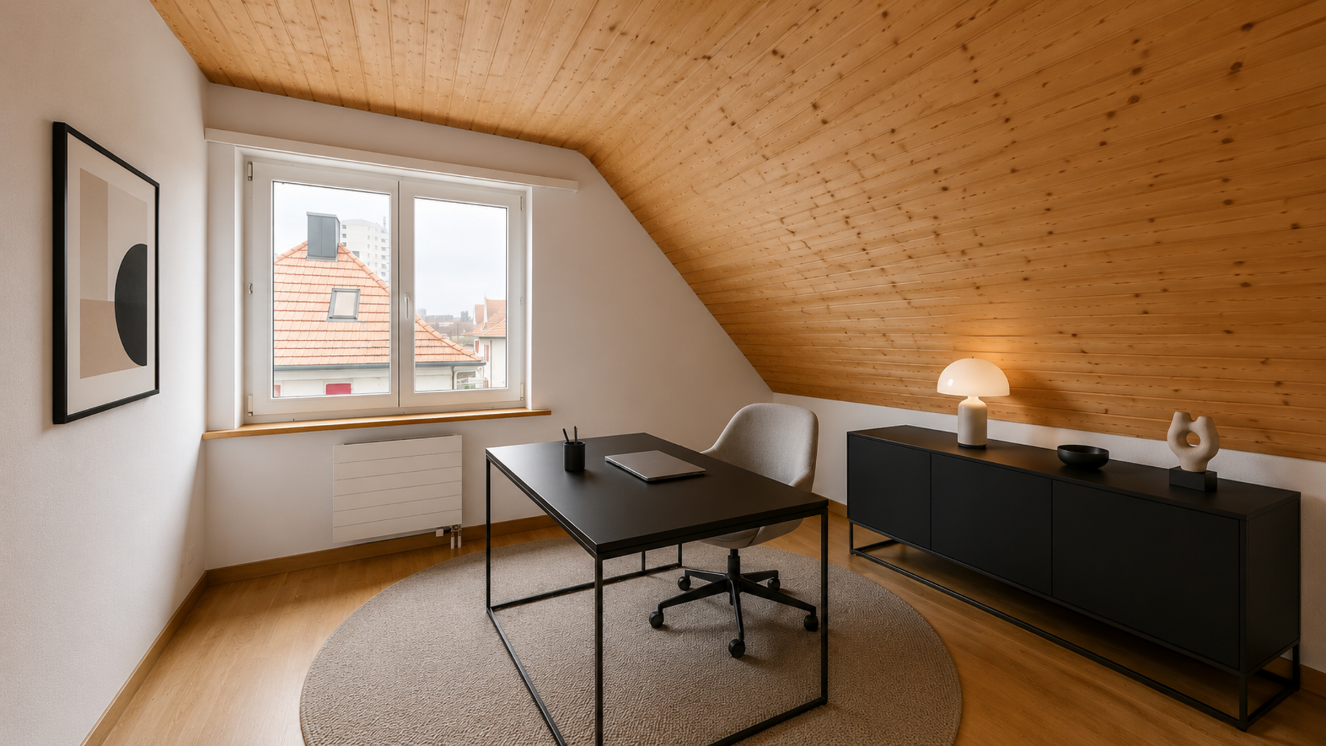 Dachgeschoss-Arbeitszimmer mit Holzdecke