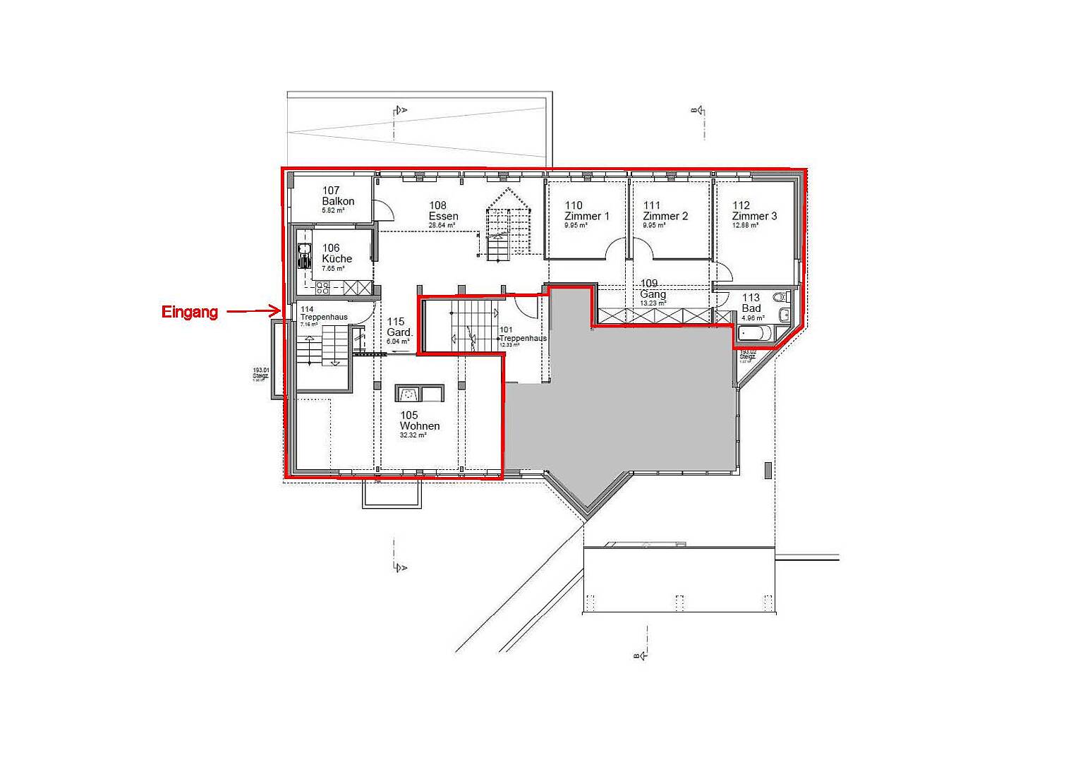 Grundriss mit markierten Wohnräumen