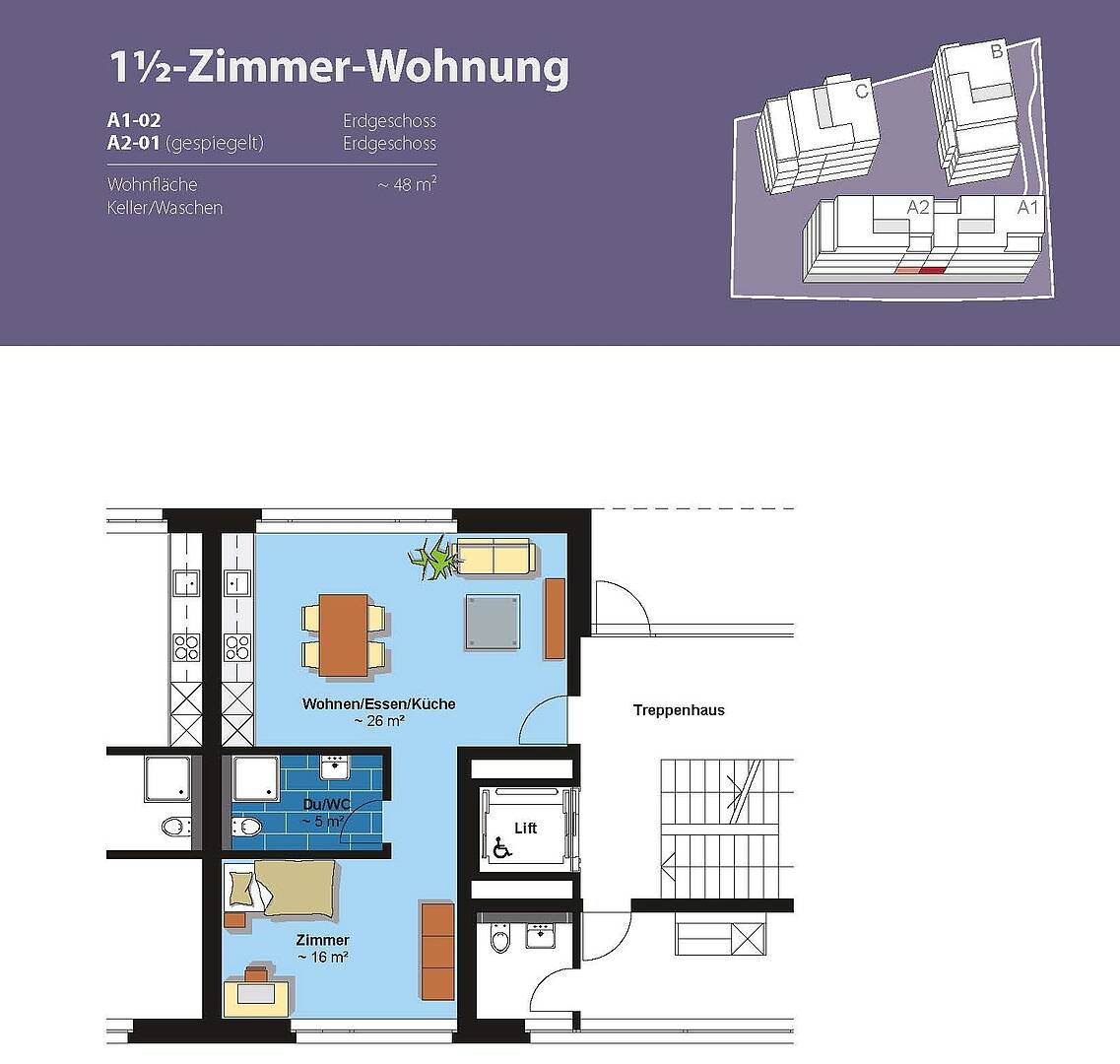 Grundriss einer 1½-Zimmer-Wohnung