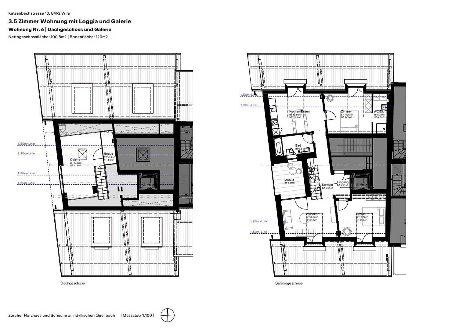 Grundriss einer 3,5-Zimmer-Wohnung mit Loggia und Galerie