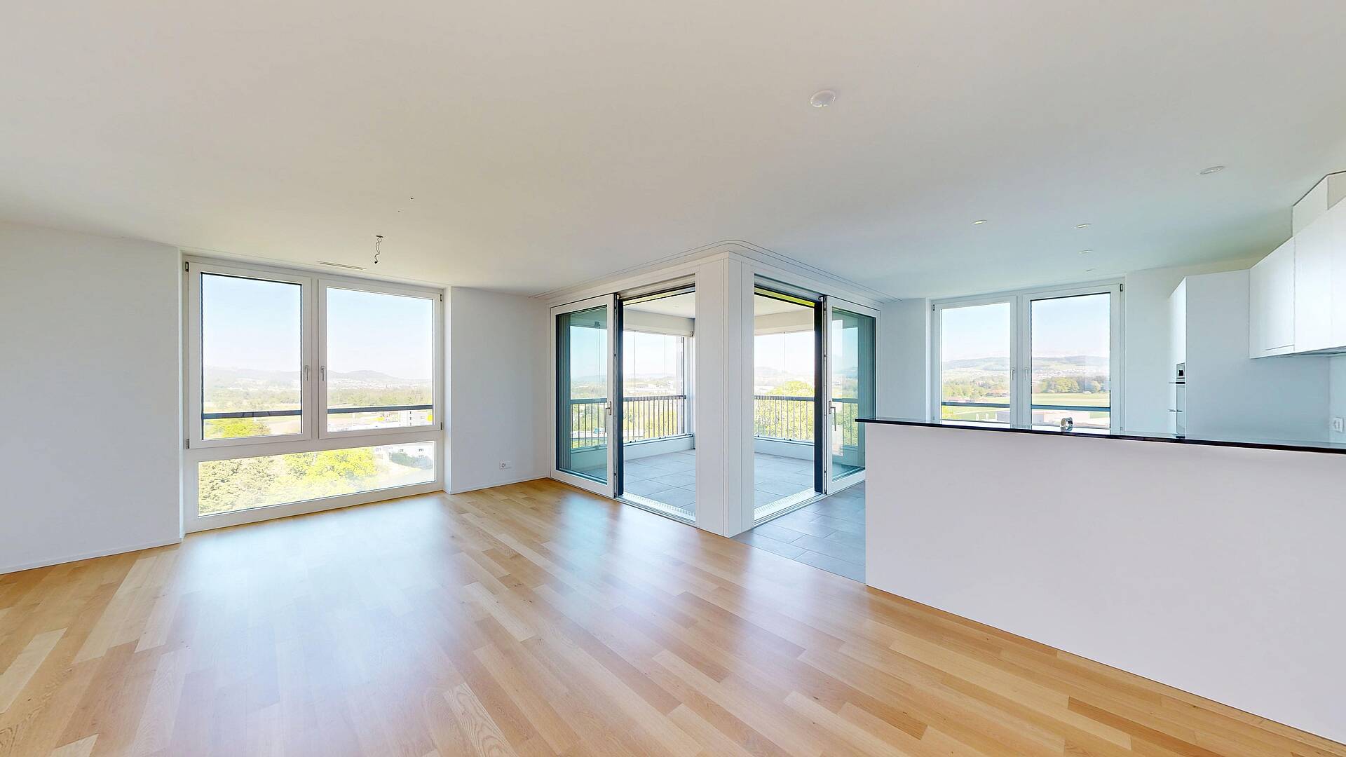 Heller offener Wohnbereich mit Balkon und Blick ins Grüne