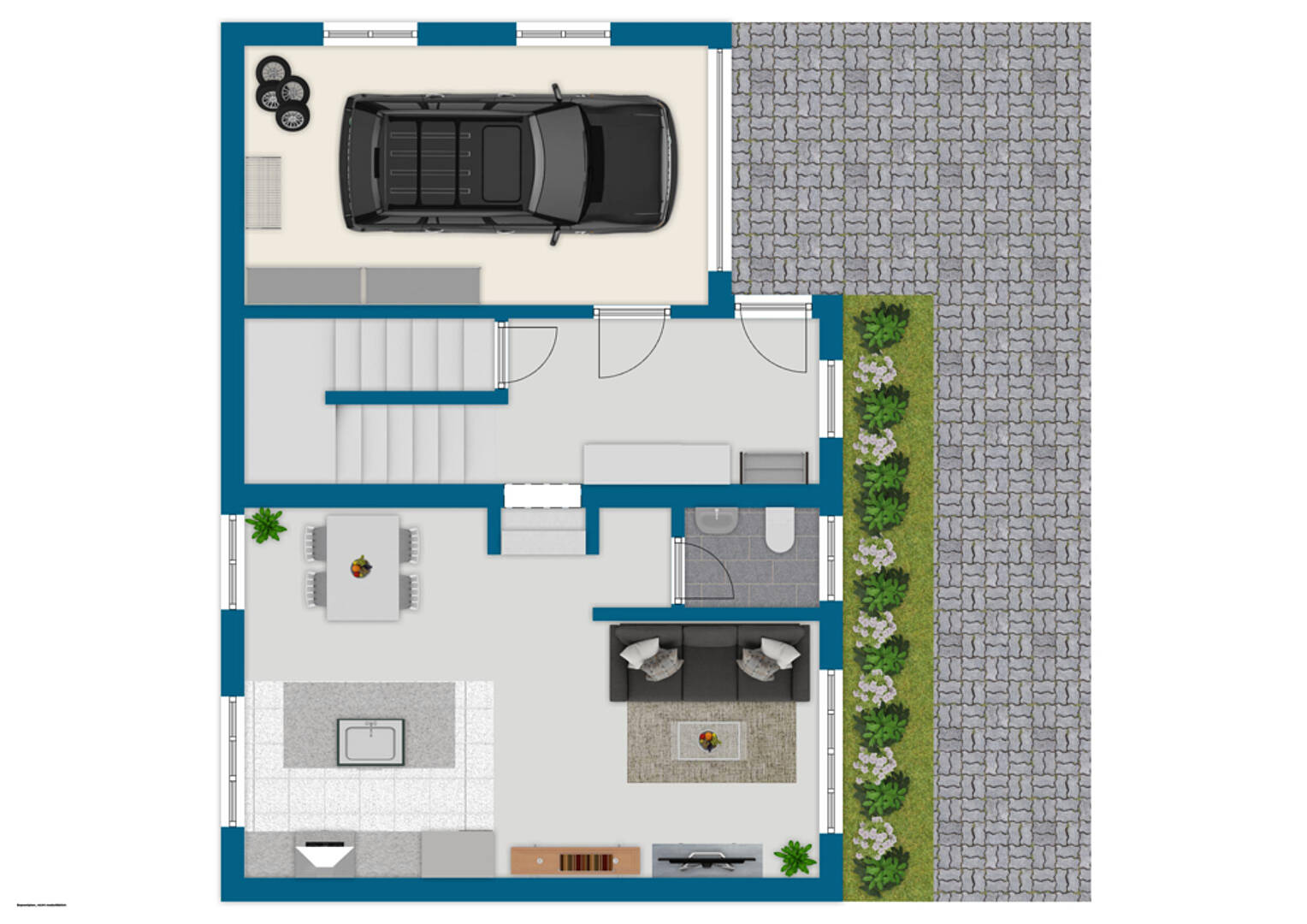 Grundriss eines Hauses mit Garage und Wohnbereichen