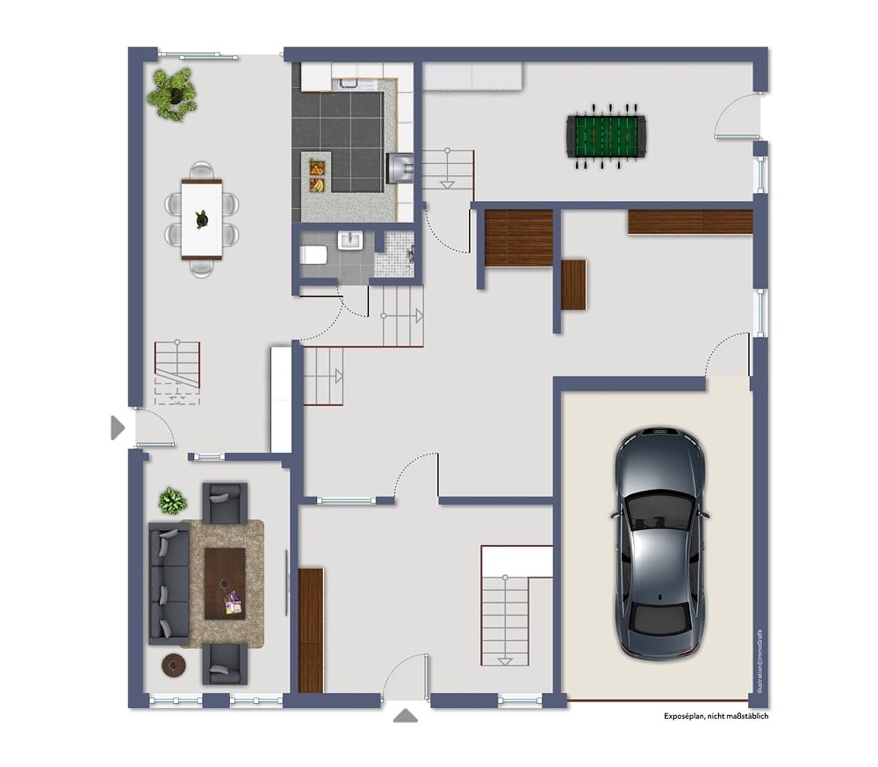 Grundriss eines Hauses mit Garage, Küche, Wohn- und Essbereich