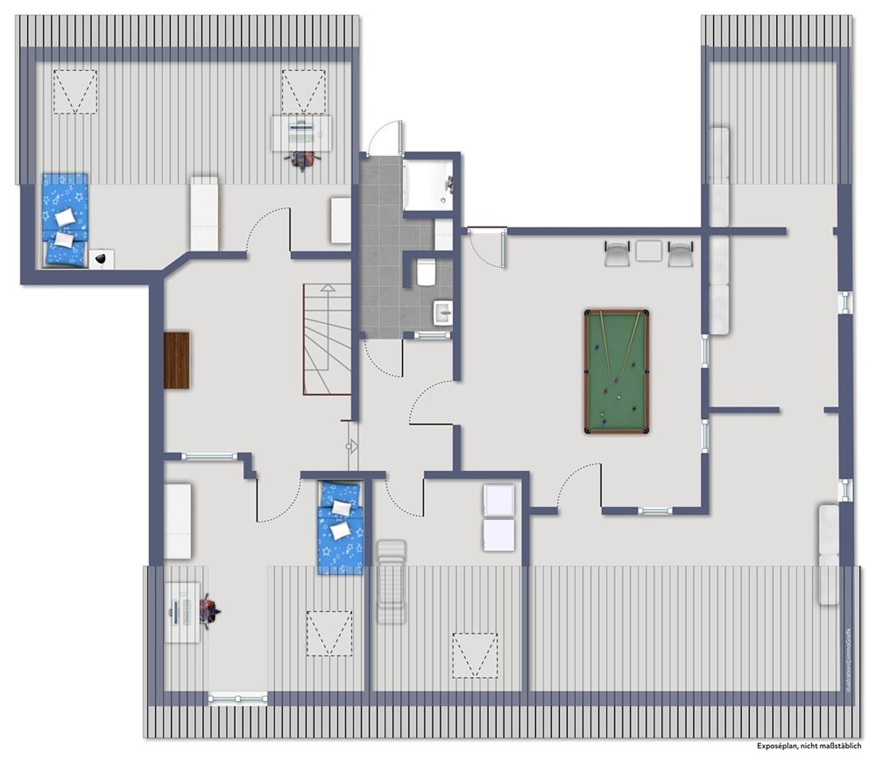 Grundriss eines großzügigen Obergeschosses mit Billardtisch und mehreren Zimmern