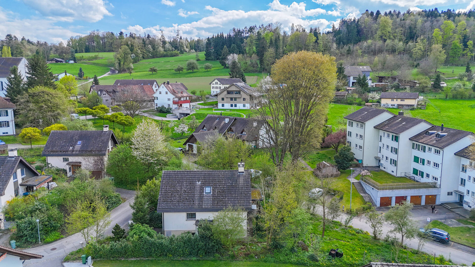 Ländliche Wohnsiedlung mit Häusern und Grünflächen