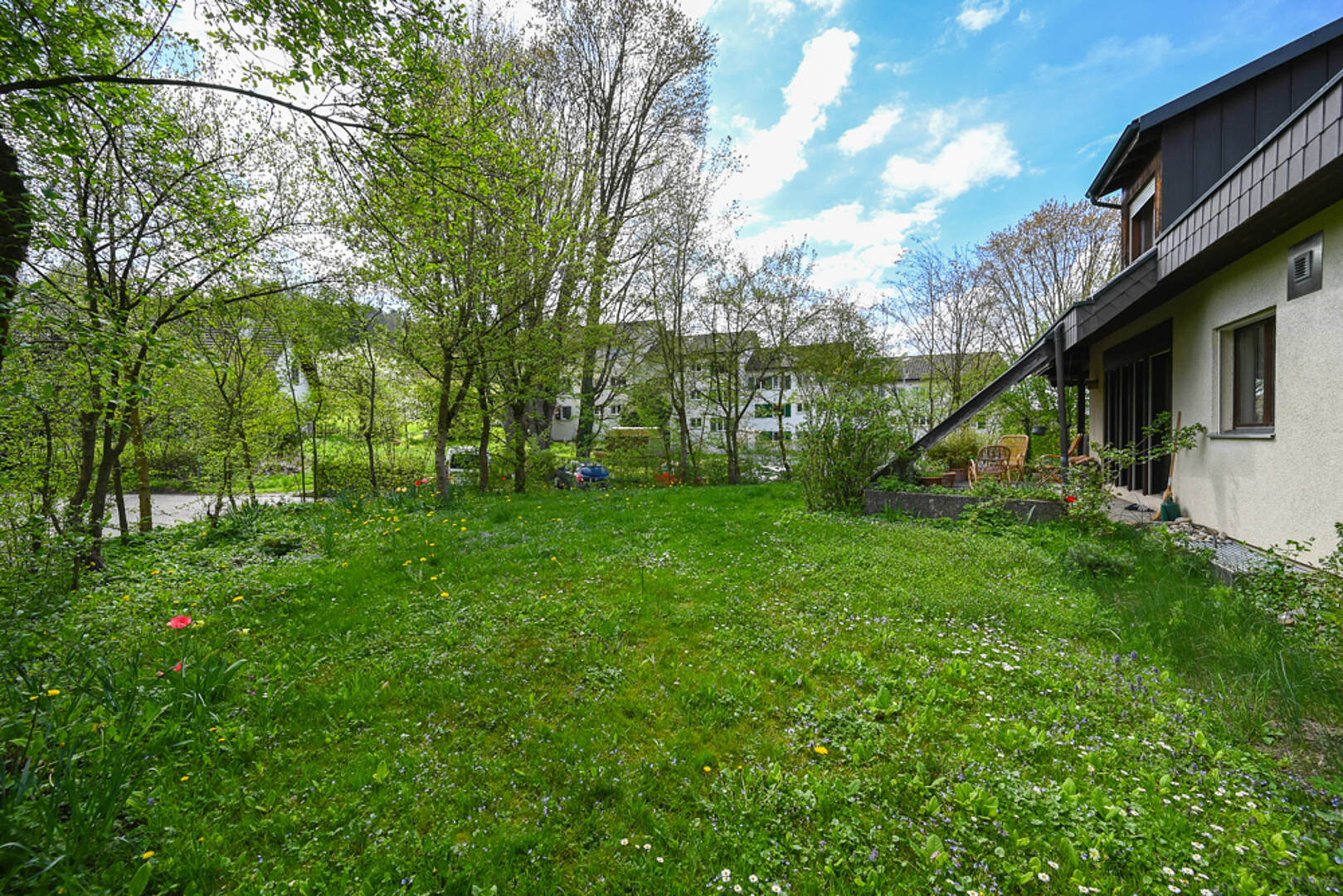 Gartenansicht mit Haus und Rasenfläche