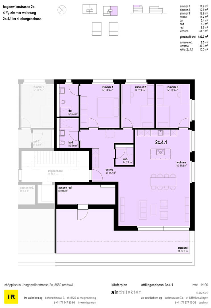 Grundriss einer 4½-Zimmer-Wohnung im Attikageschoss