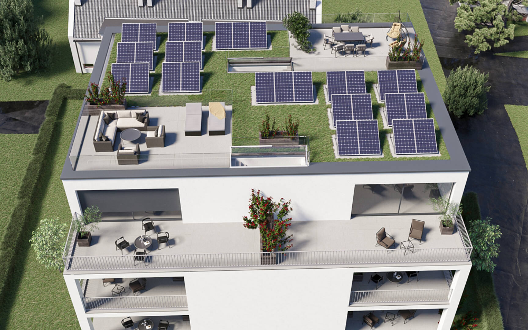Dachterrasse mit Solarpanels