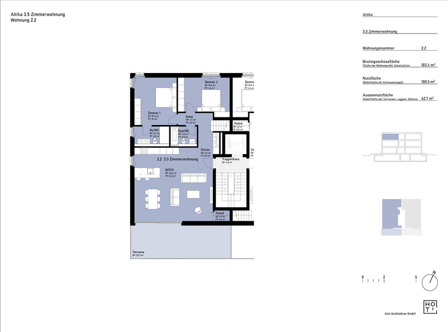 Grundriss einer 3,5-Zimmer-Attikawohnung
