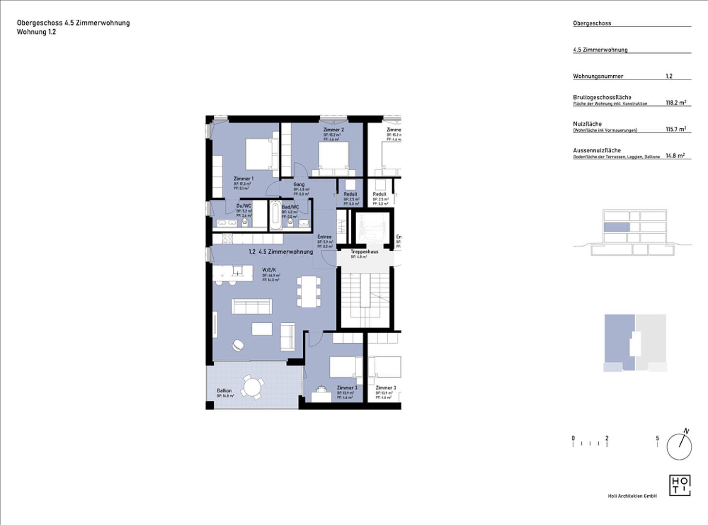 Grundriss einer 4,5-Zimmer-Wohnung im Obergeschoss