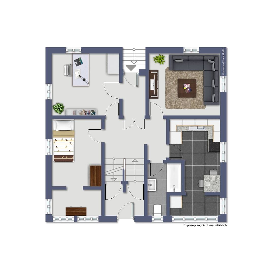 Grundriss einer Wohnung mit Wohn-, Schlaf- und Sanitärbereichen
