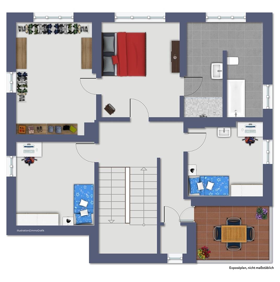 Grundriss einer Wohnung mit Schlafzimmer, Badezimmer, Wohnzimmer, Kinderzimmern und Terrasse
