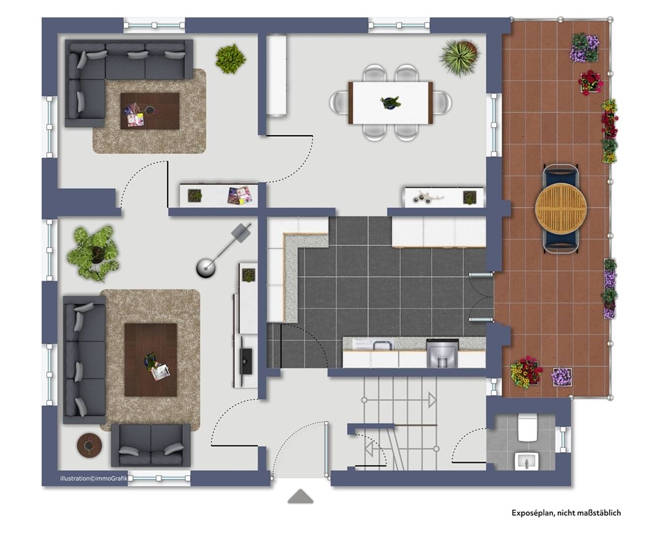 Grundriss einer Wohnung mit Terrasse