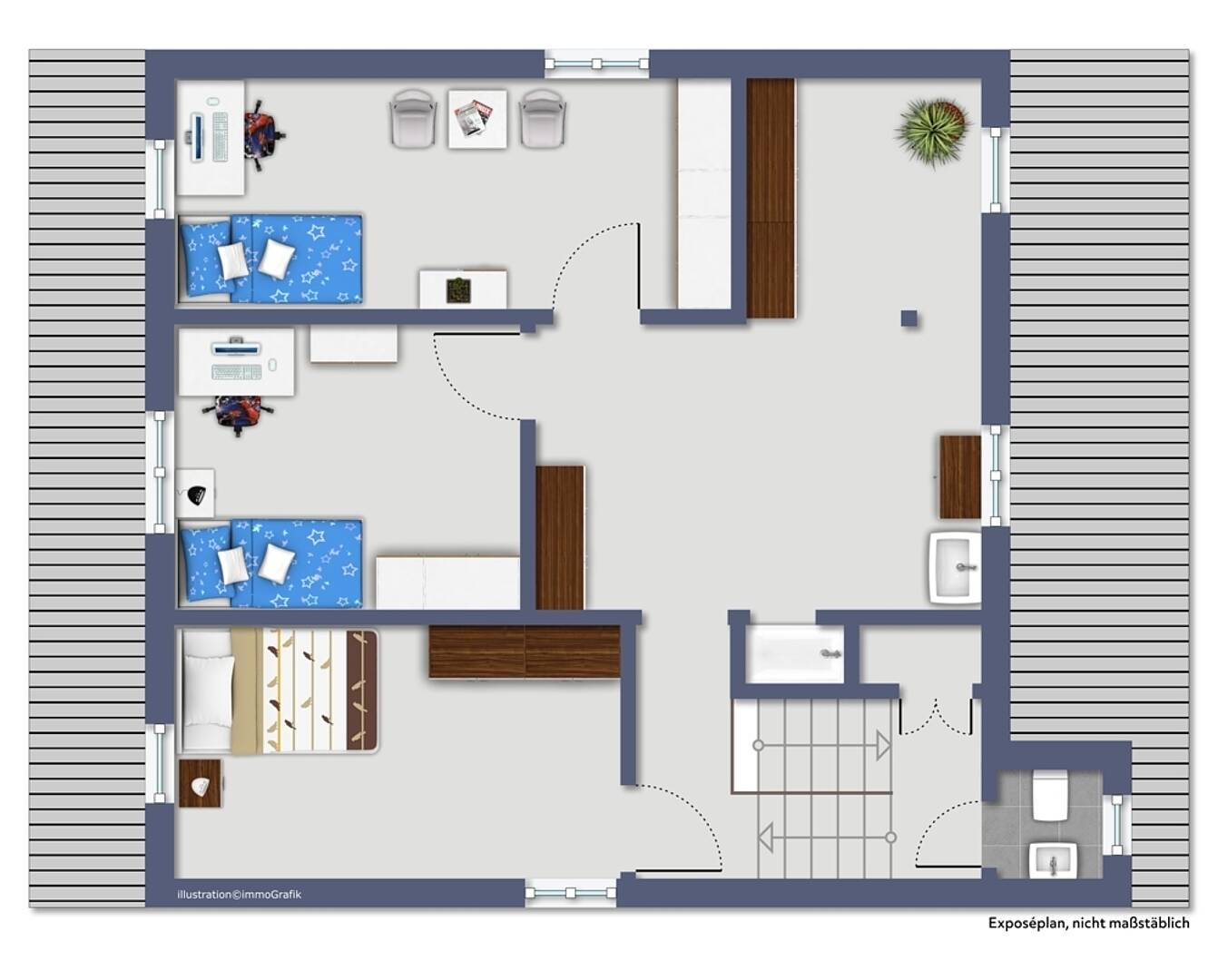 Grundriss eines Hauses mit mehreren Schlafzimmern, Bad, Treppe und Flur