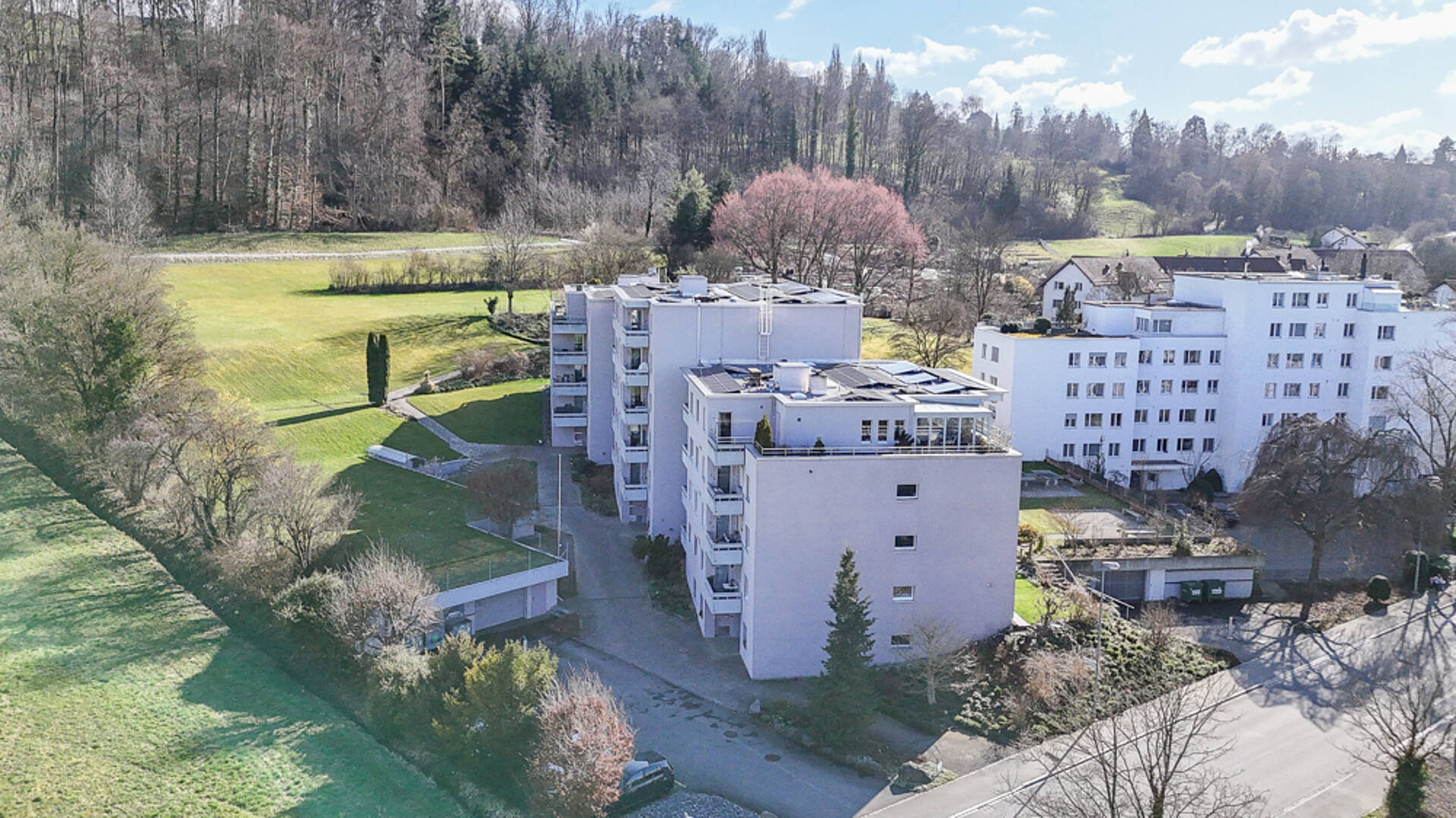 Luftaufnahme einer Wohnanlage im Grünen