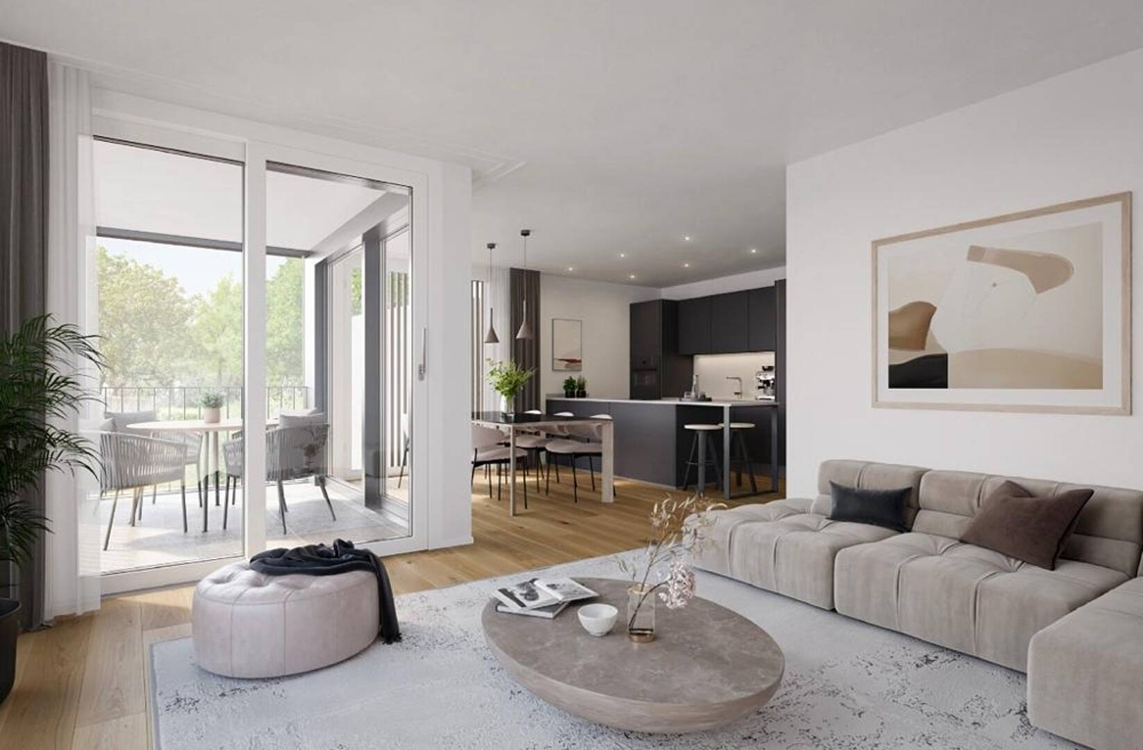 Offener Wohnbereich mit Balkon und Küche