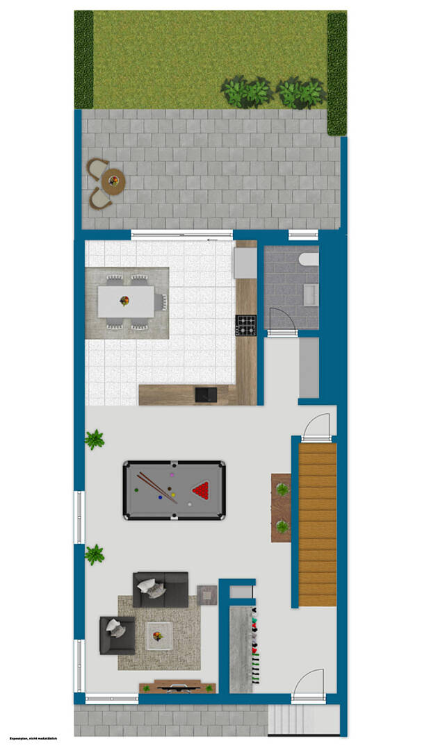 Grundriss eines Hauses mit Terrasse, Wohnbereich und Nebenräumen