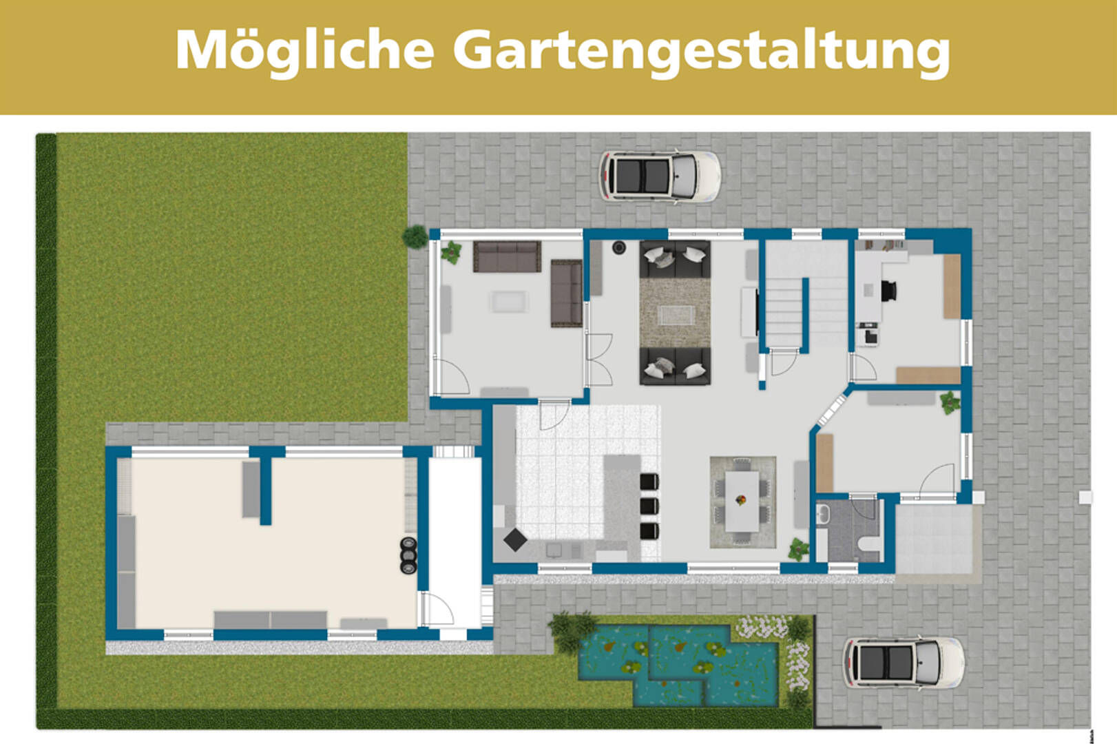 Mögliche Gartengestaltung mit Hausgrundriss