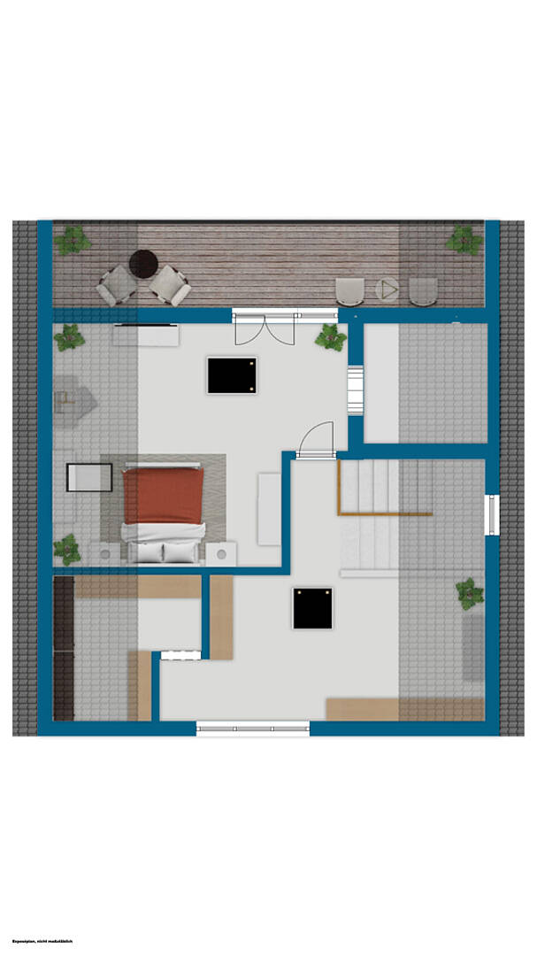 Grundriss eines Hauses mit Dachterrasse und mehreren Räumen