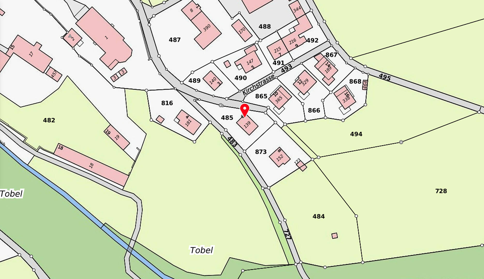 Lageplan mit Parzellen und Gebäuden
