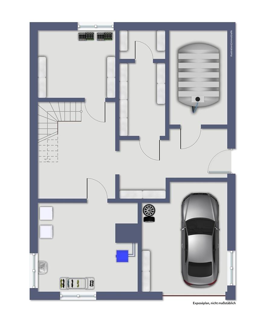 Grundriss eines Untergeschosses mit Garage und Nebenräumen