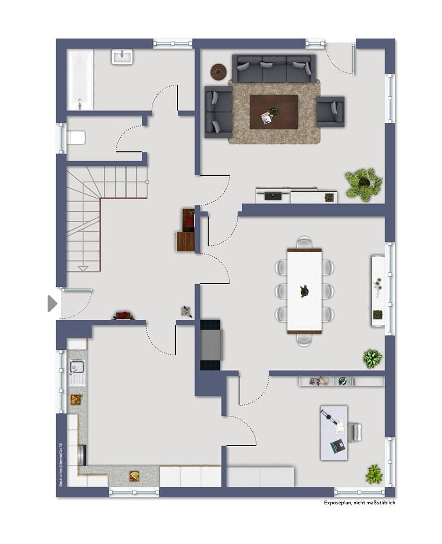 Grundriss einer Etage mit Wohn-, Ess- und Arbeitsbereichen