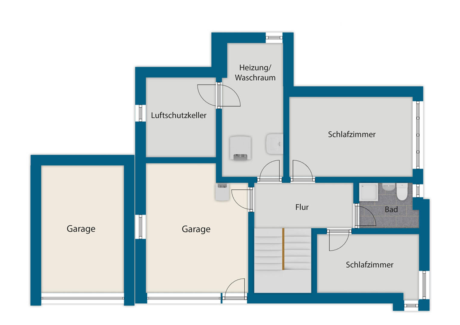 Grundriss eines Kellers mit Garage und Schlafräumen