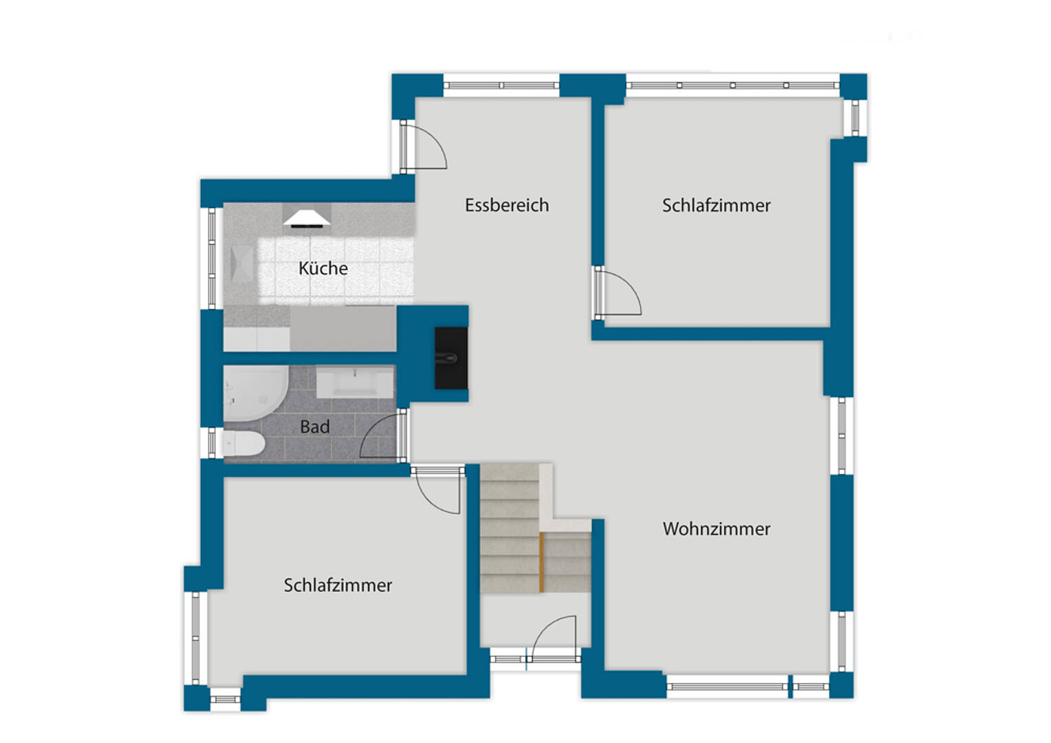 Grundriss einer Wohnung mit Wohn-, Schlaf-, Ess- und Küchenbereich