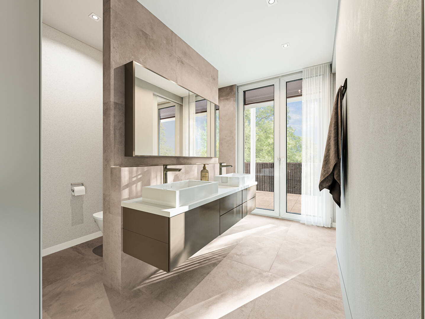 Modernes Badezimmer mit Doppelwaschtisch und Tageslicht