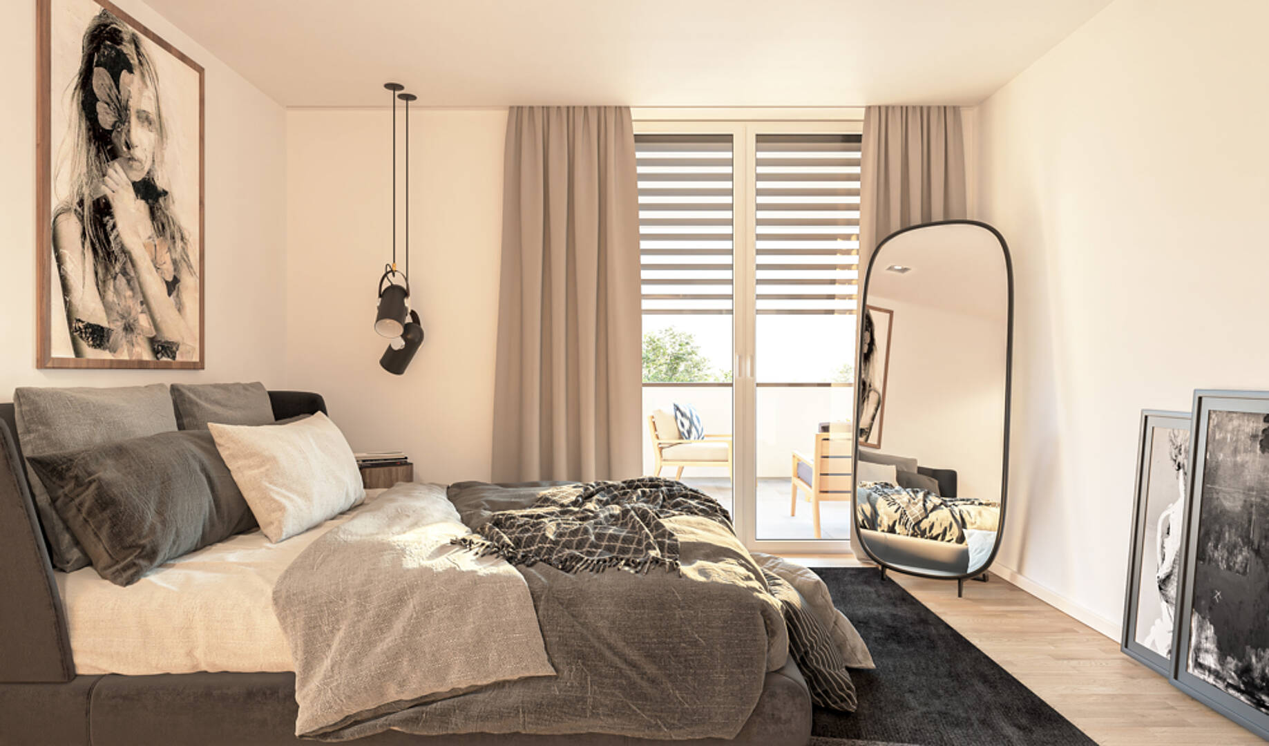 Helles Schlafzimmer mit Balkonzugang