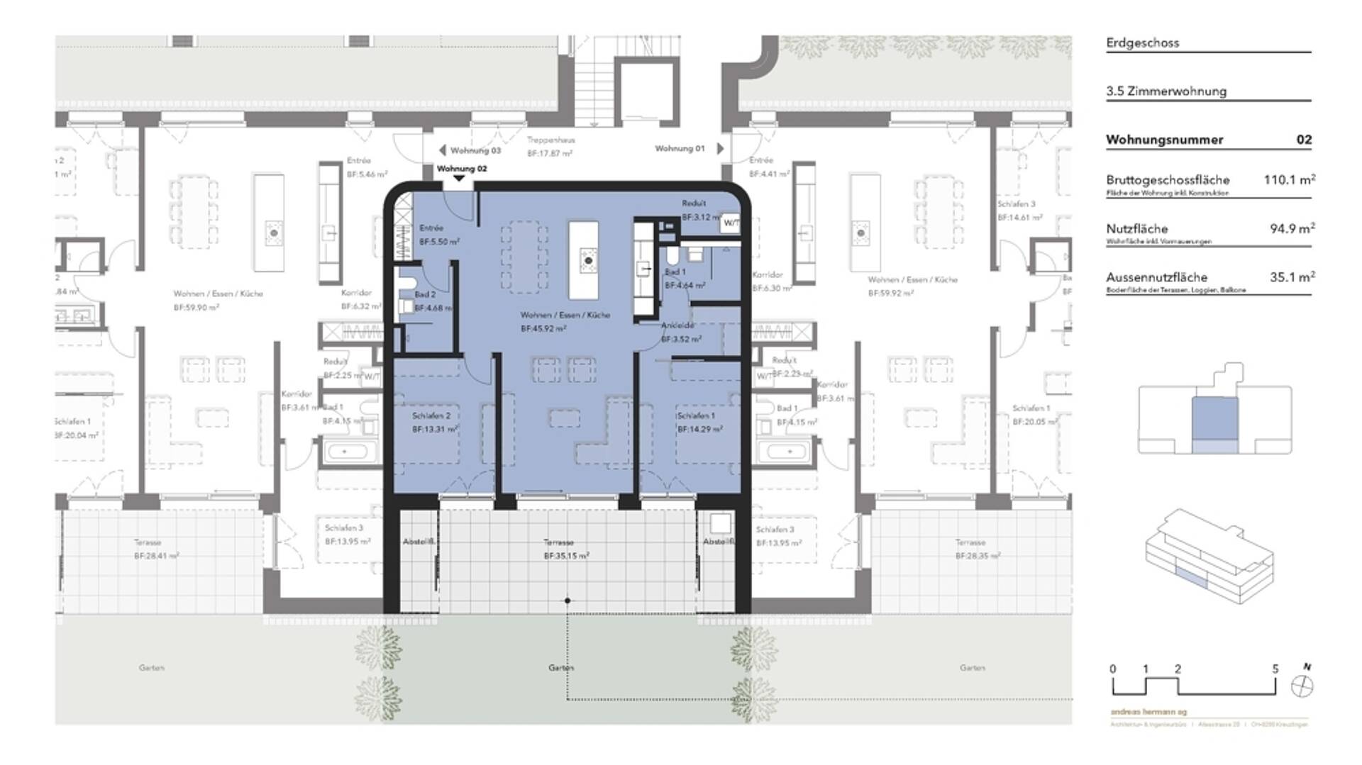 Grundriss einer 3,5-Zimmer-Wohnung im Erdgeschoss