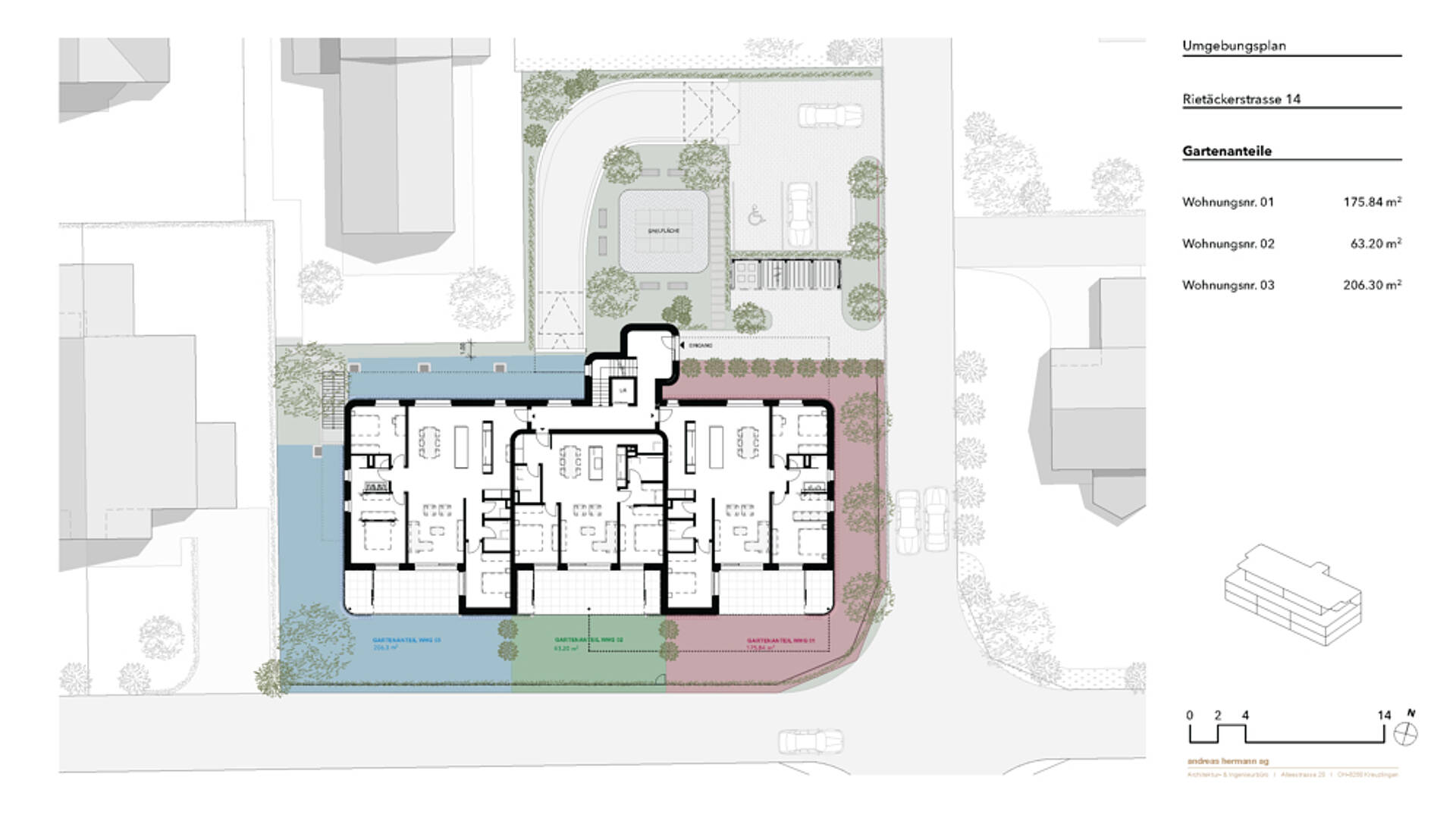 Lageplan eines Mehrfamilienhauses mit Gartenanteilen