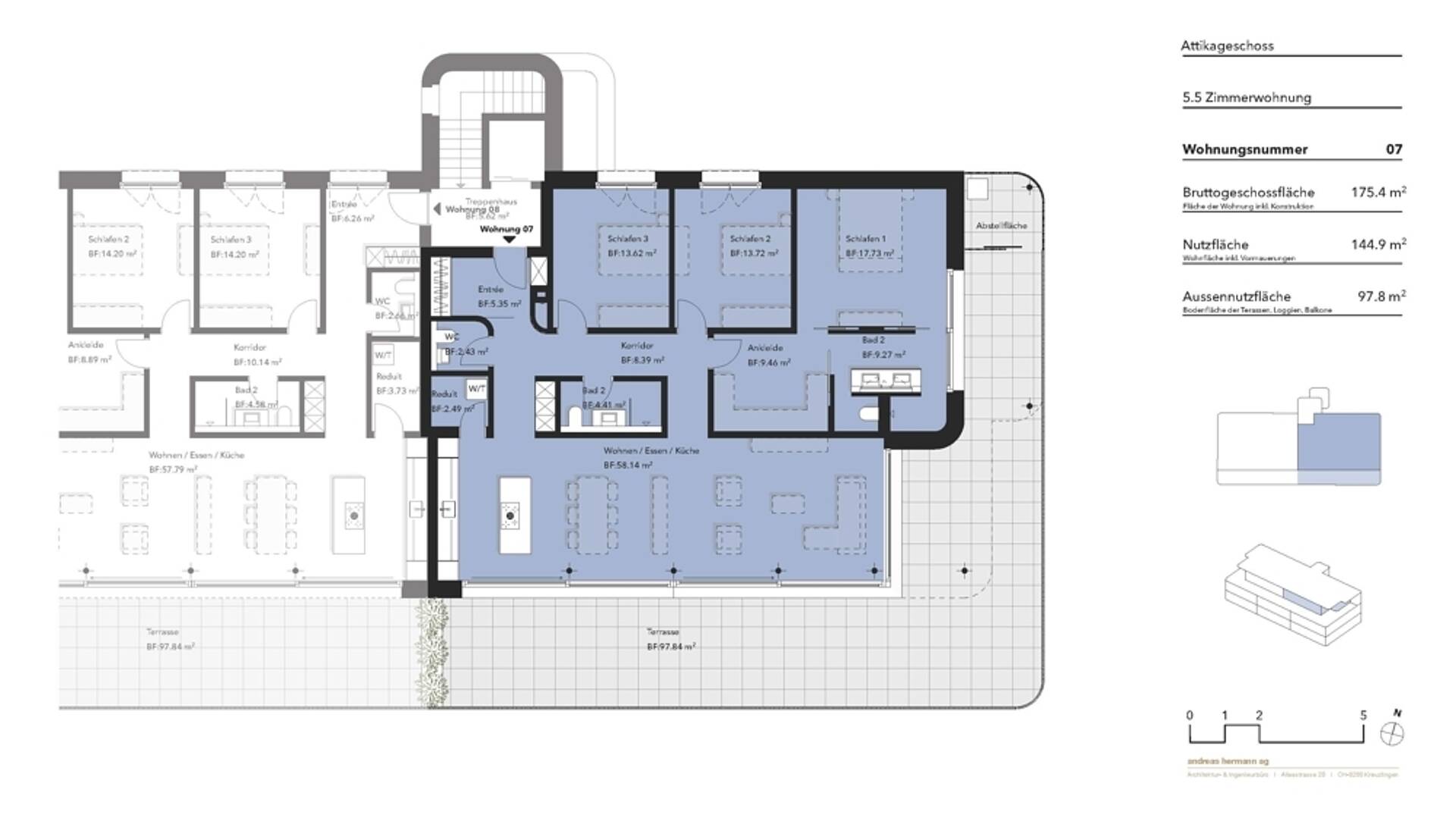 Dachgeschoss-Grundriss einer 5,5-Zimmer-Wohnung