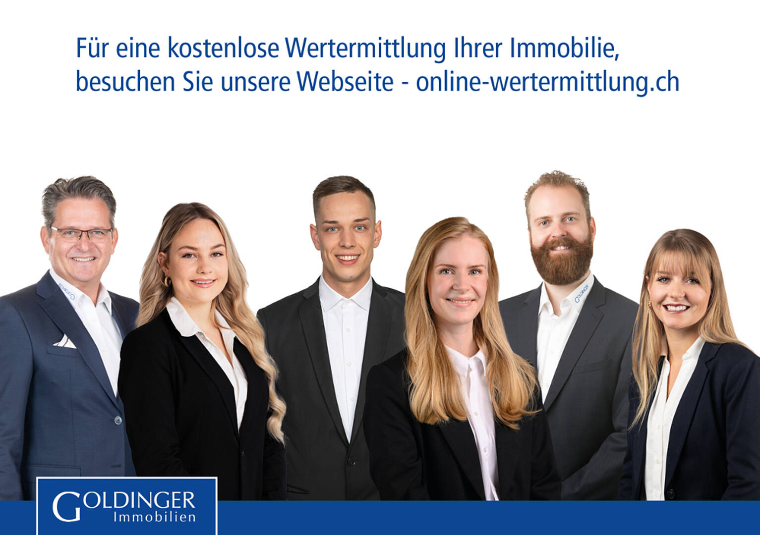 Werbebild mit Immobilienmaklern und Hinweistext