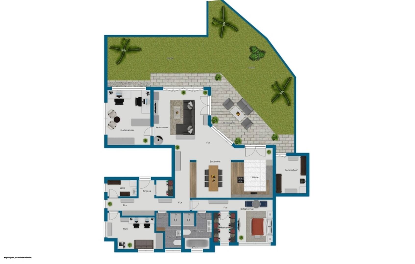 Grundriss mit Garten und mehreren Wohnräumen
