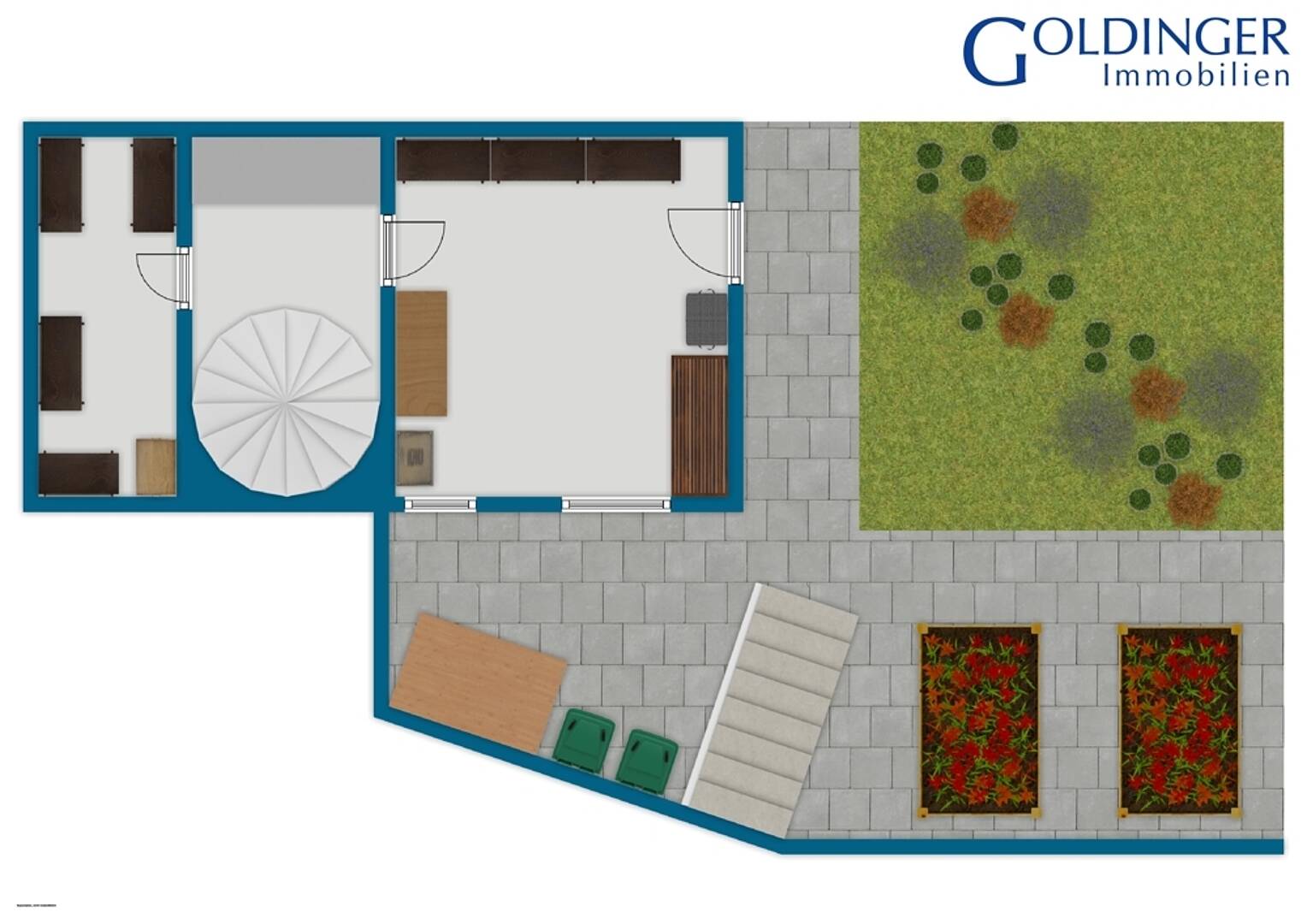 Grundriss eines Außenbereichs mit Garten und Terrasse