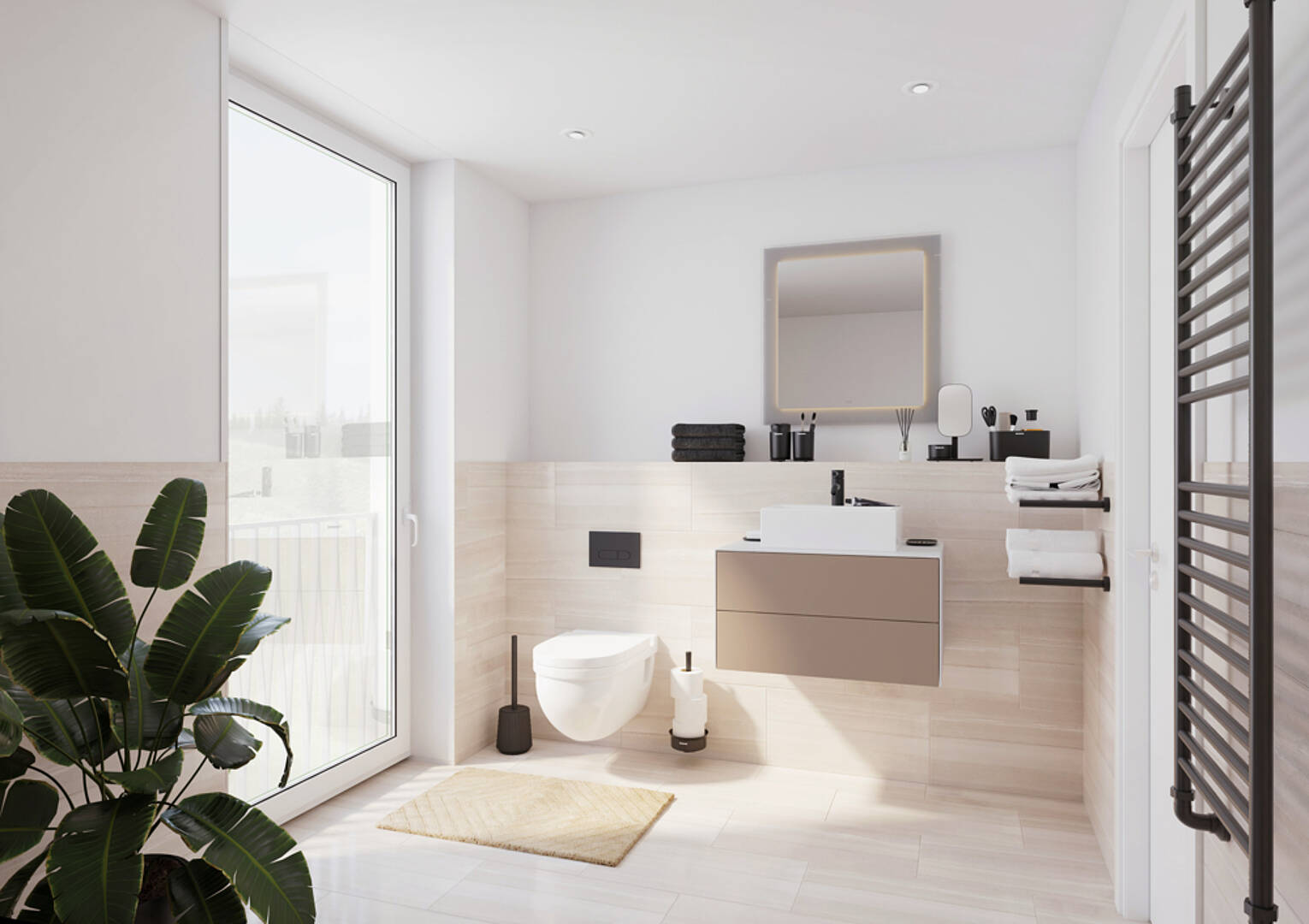 Modernes Badezimmer mit bodentiefer Fensterfront