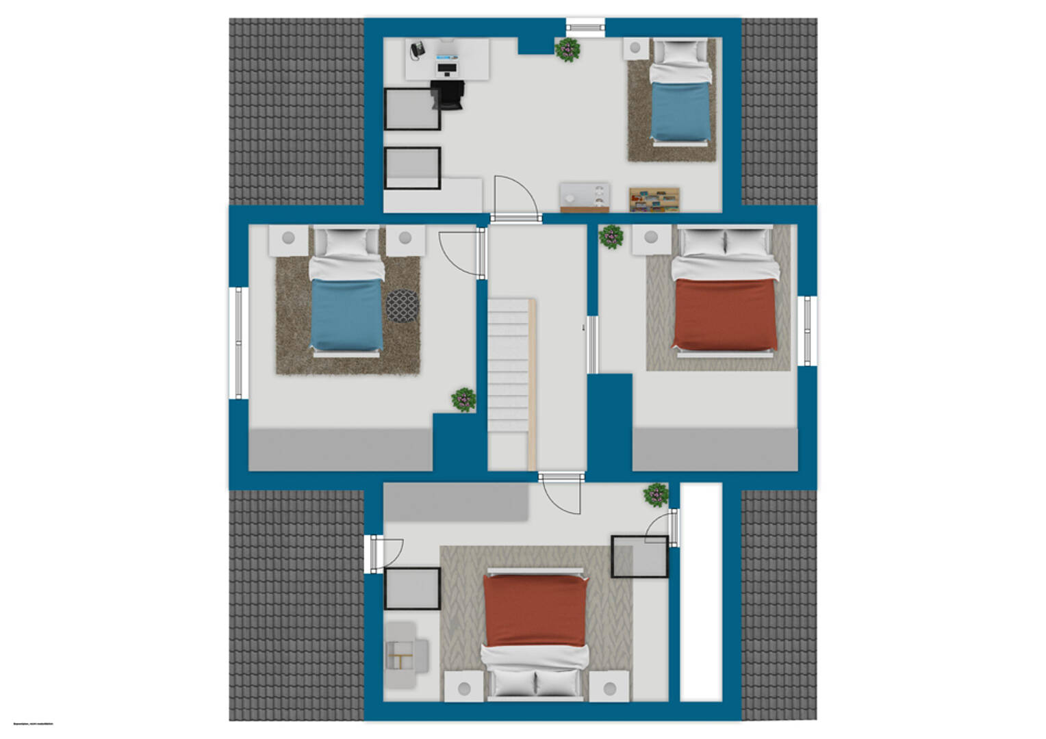 Grundriss eines Obergeschosses mit drei Schlafzimmern und Treppenhaus