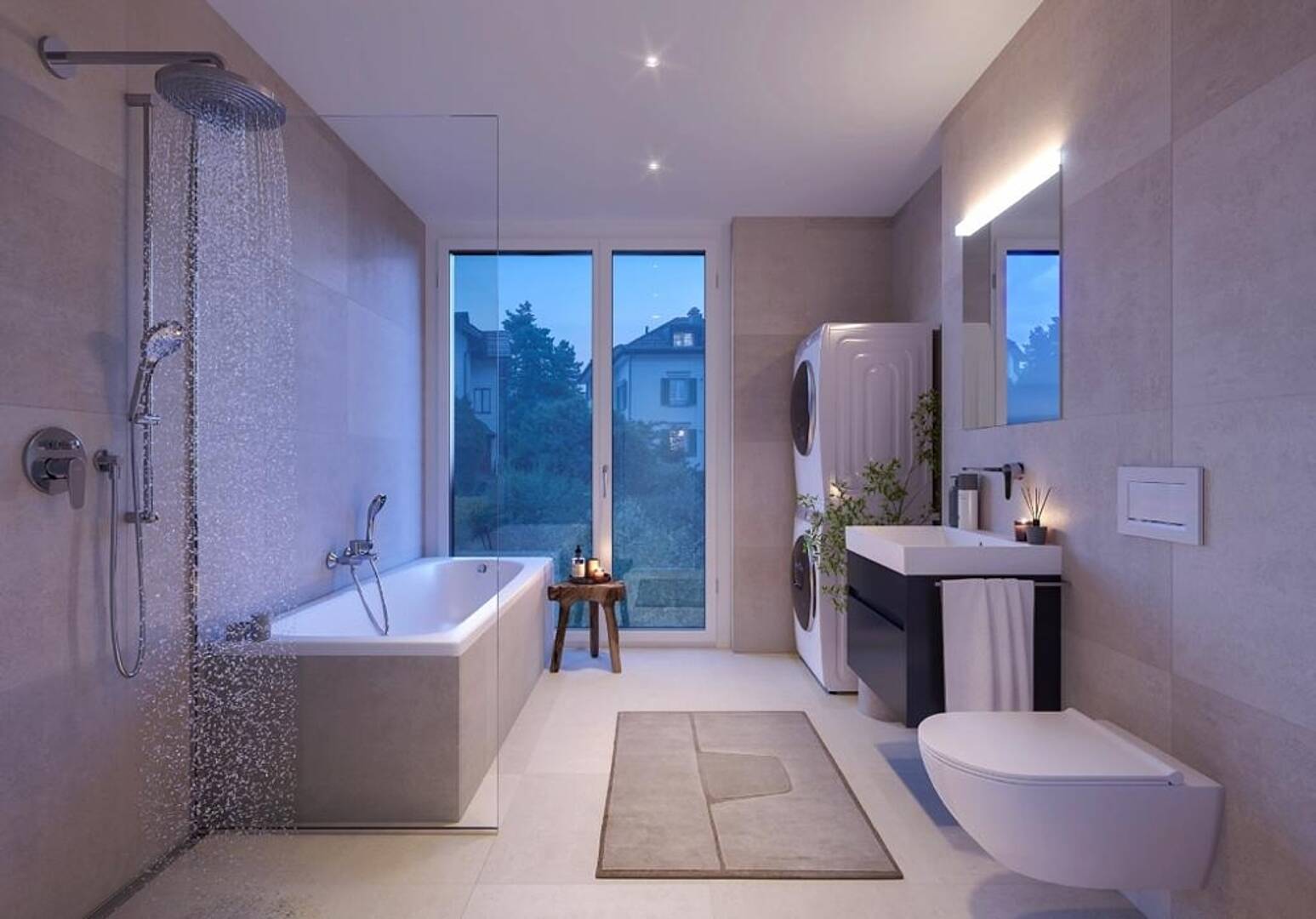 Modernes Badezimmer mit Badewanne und bodentiefer Dusche