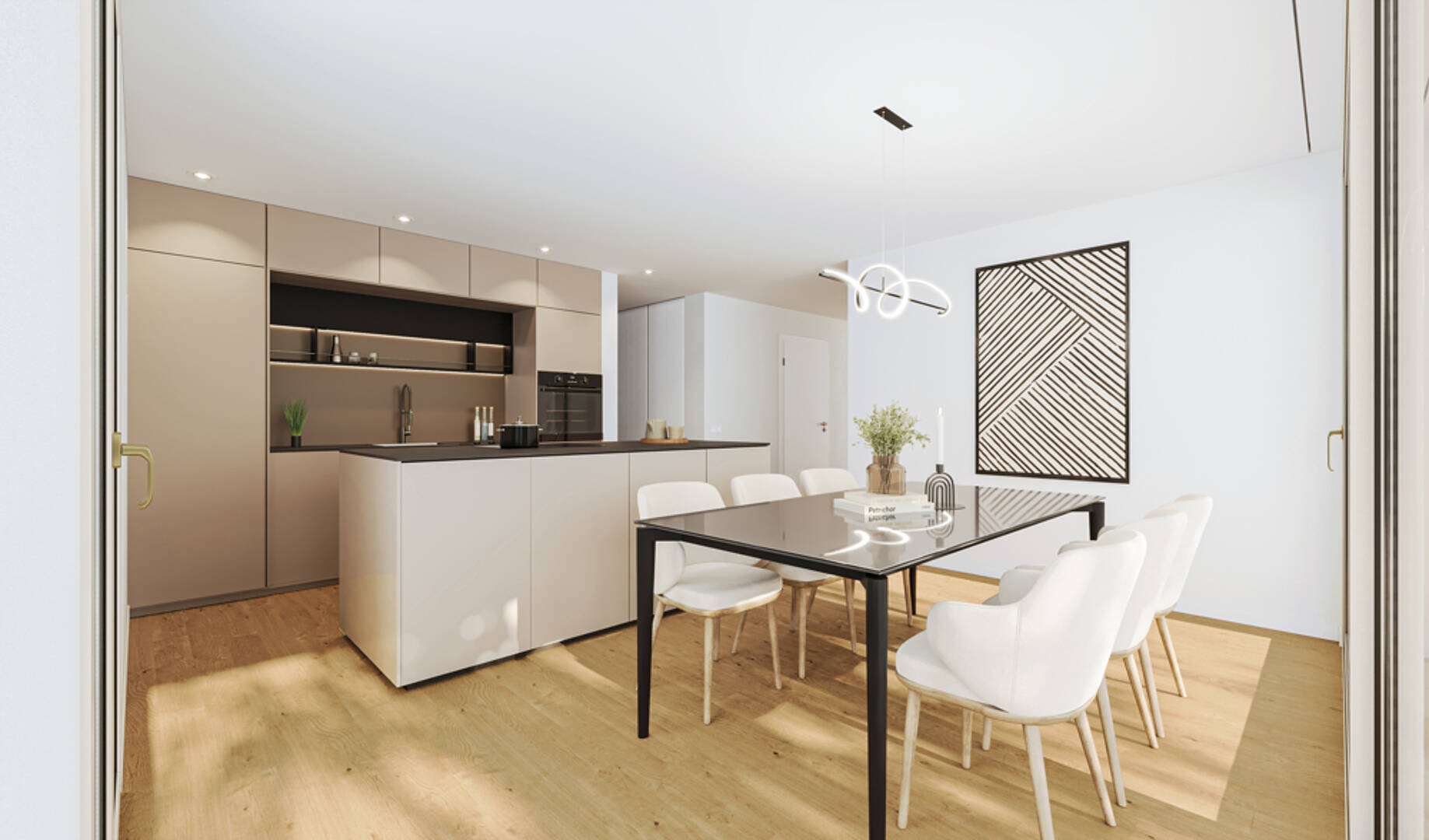 Offener Wohn- und Essbereich mit moderner Küche