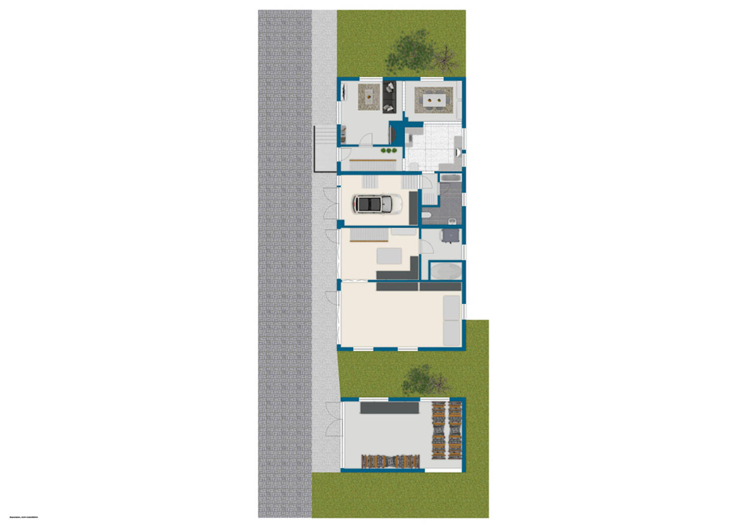 Grundriss eines Hauses mit Garage und Gartenflächen