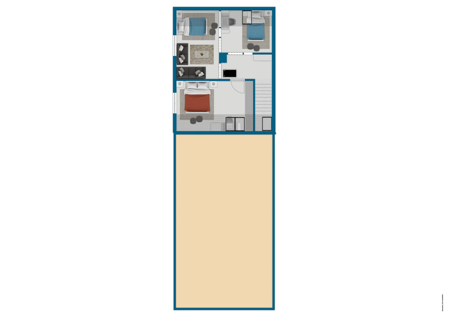 Grundriss einer Wohnung mit mehreren Zimmern und Dachterrasse